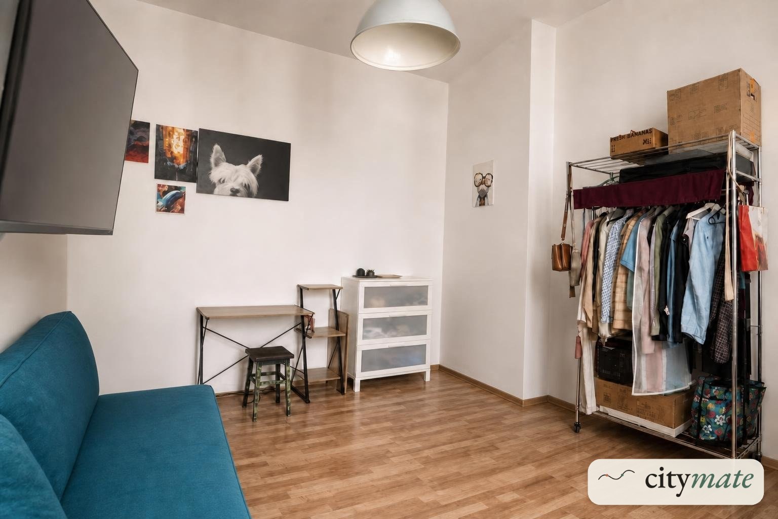 Studio flat with a balcony and a desk for work