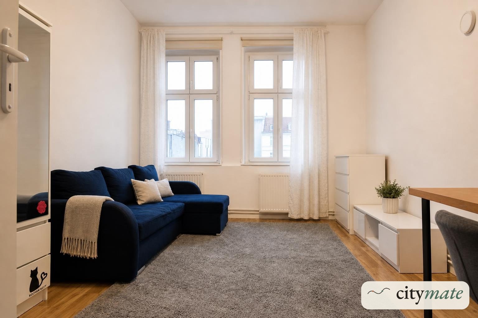 Studio flat with a desk for work and a wardrobe with a mirror