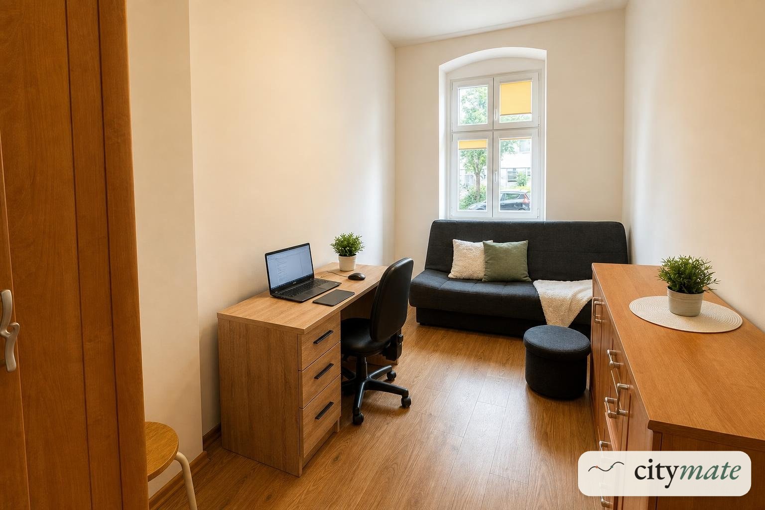 Room 12 m² with a desk and a convertible sofa